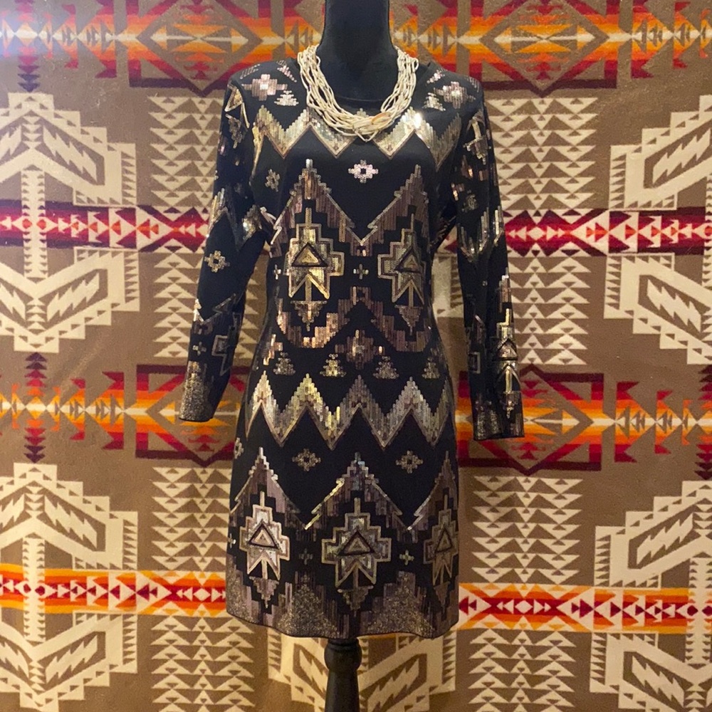 Black Stretchy Sequin Dress w/ Indigenous designs